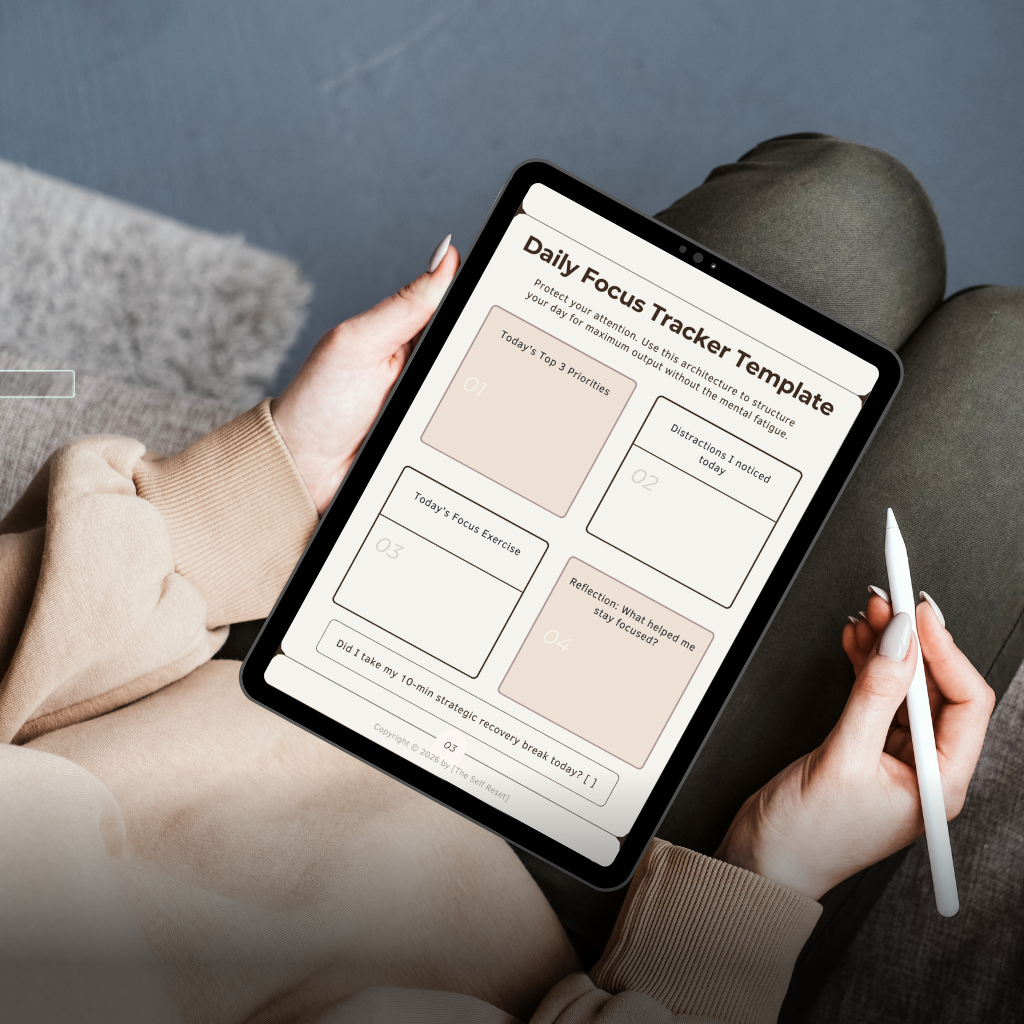 Person holding a tablet with a daily focus tracker template on a gray surface