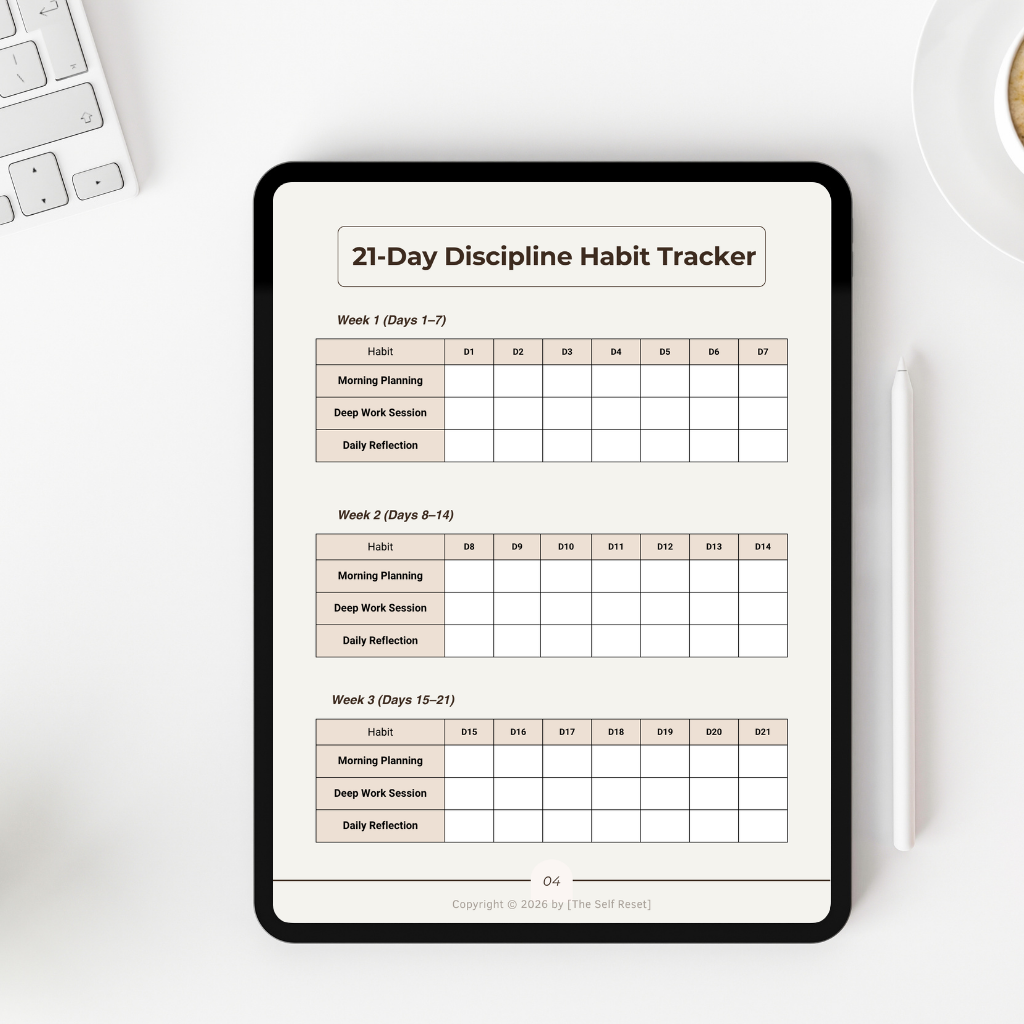21-Day Discipline Habit Tracker and Deep Work Planner shown on a clean desk